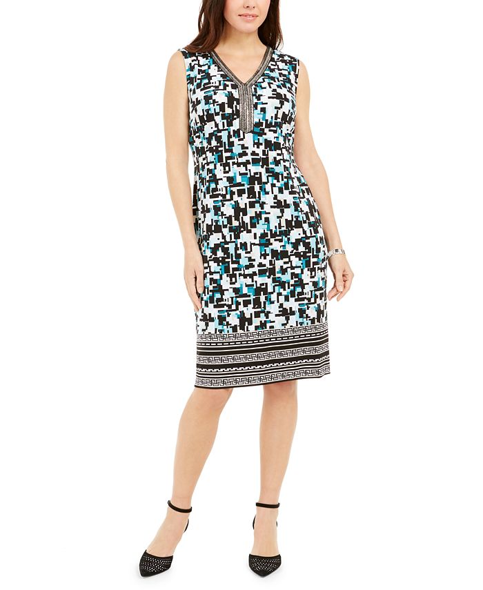 Vestido feminino sem mangas estampado com contas JM Collection, preto, tamanho P