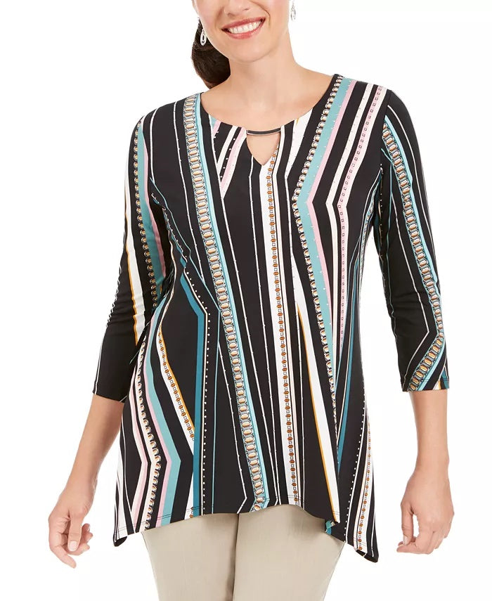 Túnica feminina estampada com bainha de martelo da coleção JM, preta, tamanho grande