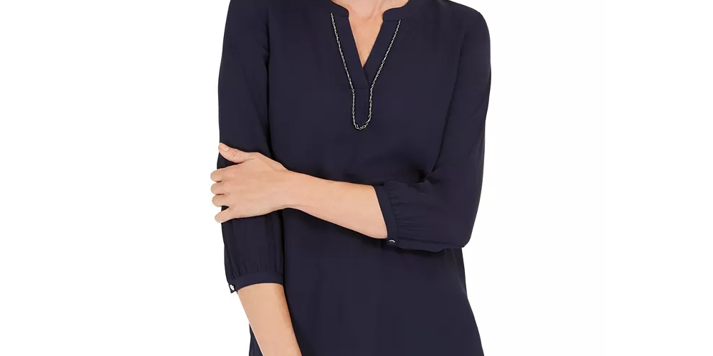 Túnica feminina JM Collection com decote dividido, azul, tamanho X-S