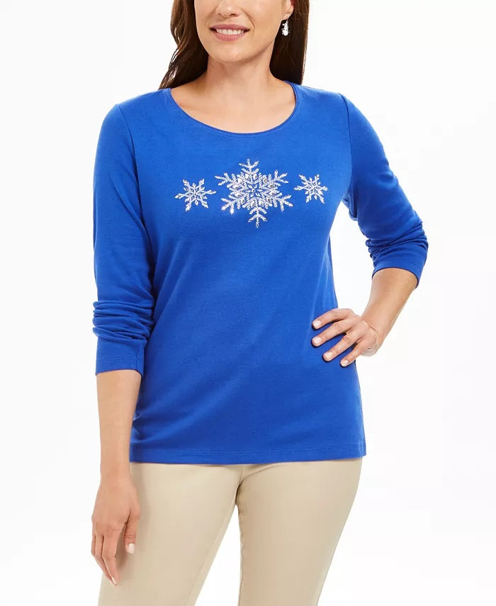 Blusa feminina Karen Scott de algodão com glitter e floco de neve, azul, tamanho XX-G