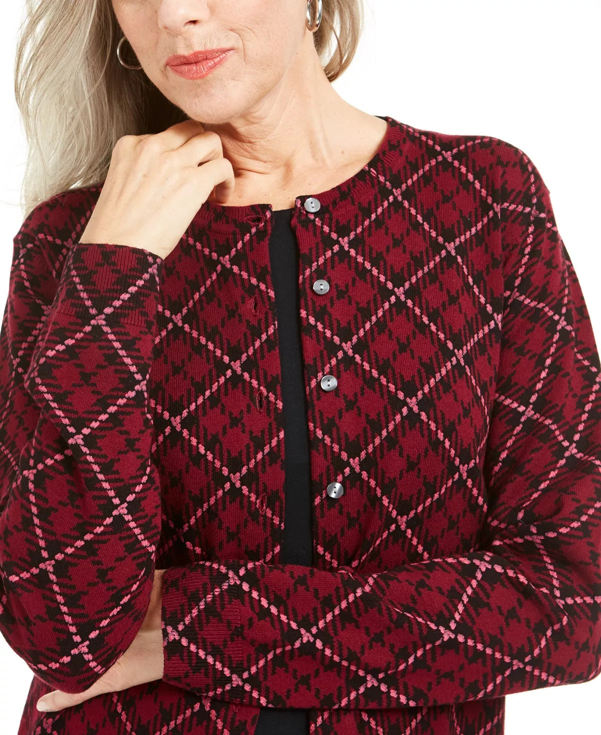 Karen Scott Cardigan feminino com estampa xadrez para o feriado, vermelho, tamanho XS