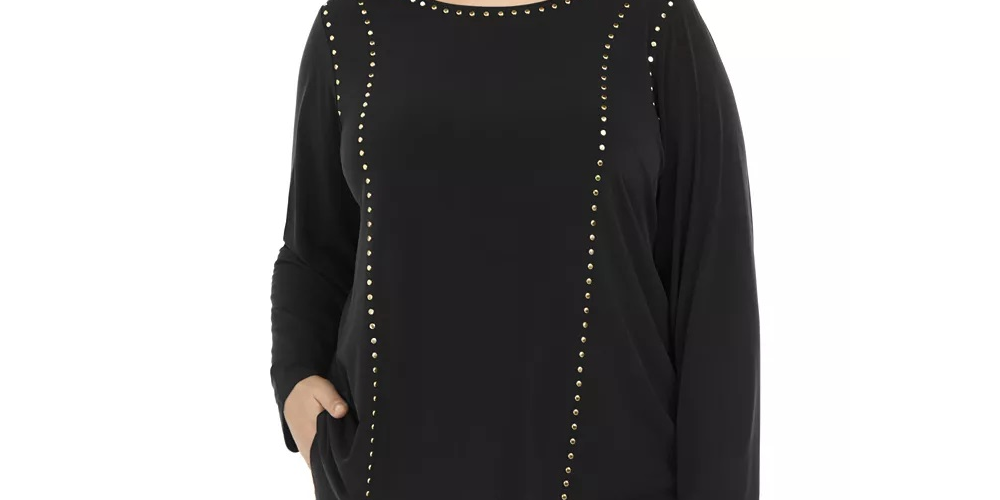 Blusa Calvin Klein Plus Size Feminina Manga Longa com Tachas Preta Tamanho 2X