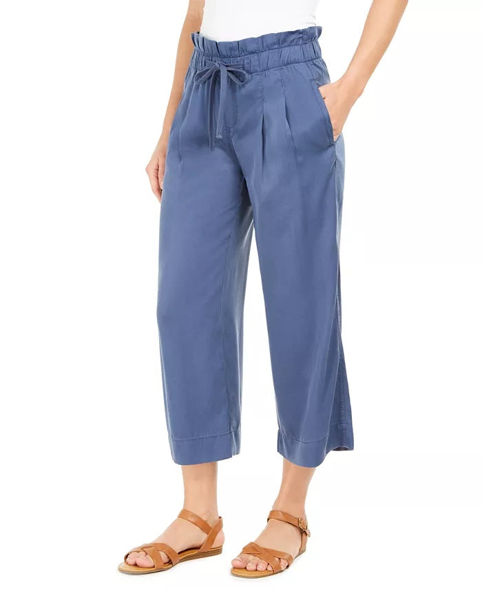 Calça feminina estilo bolsa de papel, perna larga, azul, tamanho médio