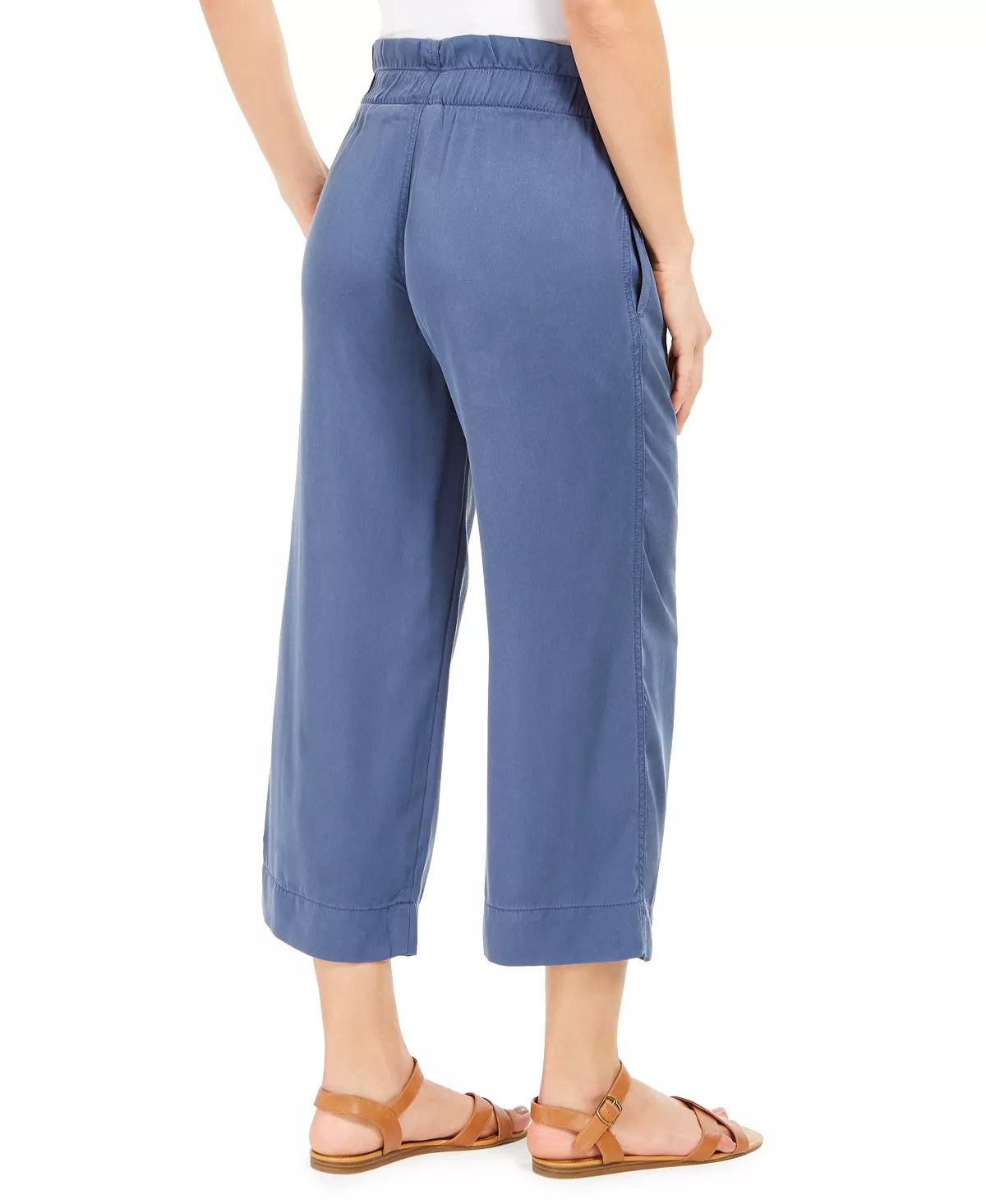 Calça feminina estilo bolsa de papel, perna larga, azul, tamanho médio