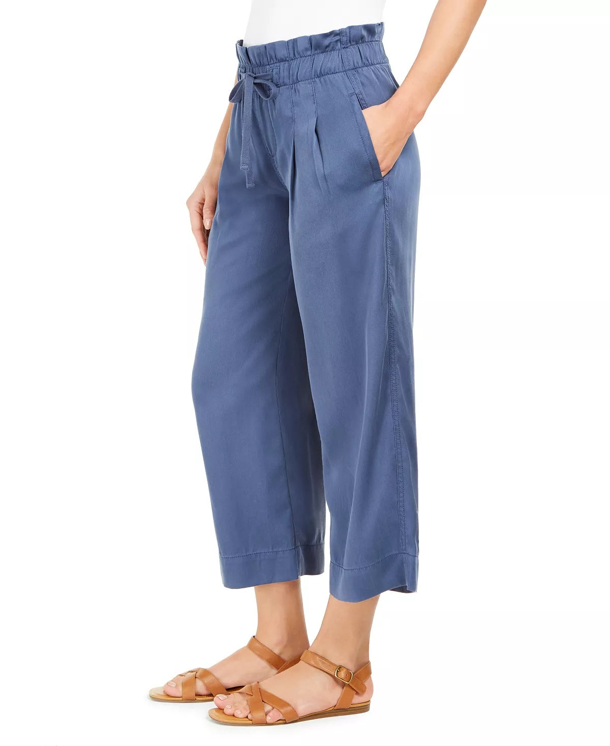 Calça feminina estilo bolsa de papel, perna larga, azul, tamanho médio
