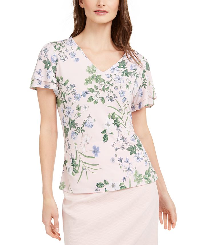 Blusa Calvin Klein Floral com Decote em V Rosa Tamanho XS