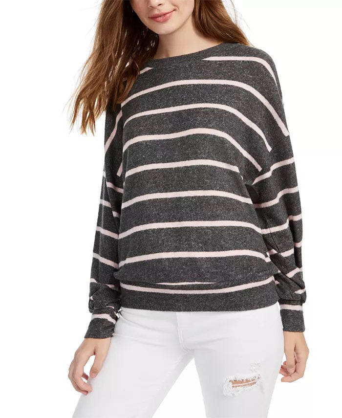 Gypsies &amp; Moondust Top listrado aconchegante com manga dolman para crianças, rosa/cinza, tamanho extragrande