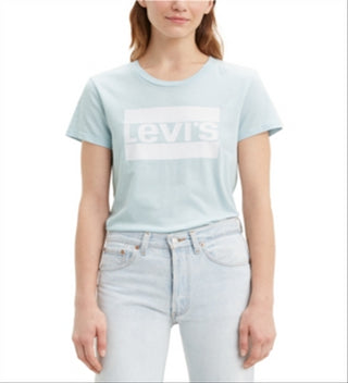 LEVI'S Women's Light Blue Logo Graphic Short Sleeve Top Blue Size X-Large