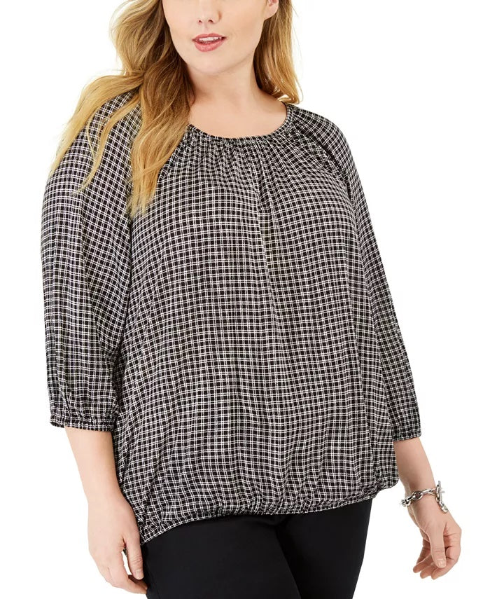 Blusa feminina plus size Michael Kors Boho Check com estampa camponesa, tamanho 0X, prateada