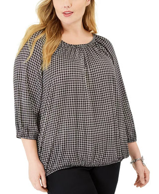 Blusa feminina plus size Michael Kors Boho Check com estampa camponesa, tamanho 0X, prateada