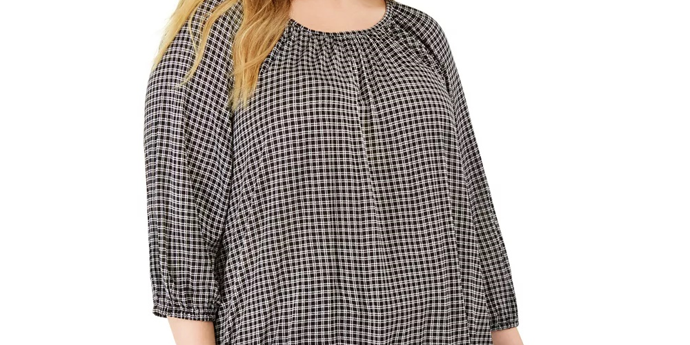 Blusa feminina plus size Michael Kors Boho Check com estampa camponesa, tamanho 0X, prateada