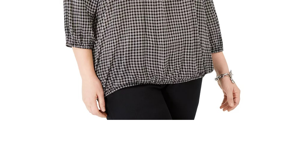 Blusa feminina plus size Michael Kors Boho Check com estampa camponesa, tamanho 0X, prateada