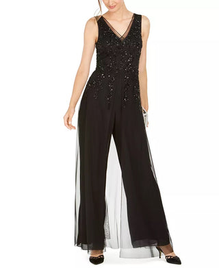 Adrianna Papell Women's Petite Embellished Wide-Leg Jumpsuit Black Size 12 Petite