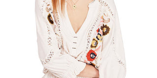 Blusa túnica bordada feminina Free People, branca, tamanho X-S