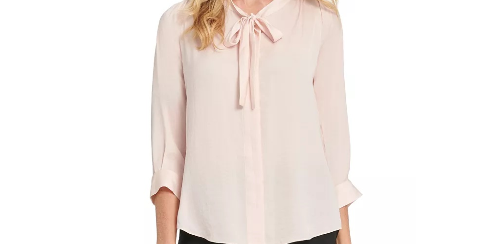 Blusa feminina DKNY Petite Shiny com amarração no pescoço e botões, rosa, tamanho PL