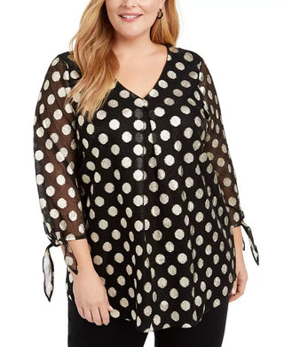 Blusa Alfani Feminina Plus com Bolinhas Metálicas e Manga Transparente em Lurex Dourado, Preto, Tamanho 0X