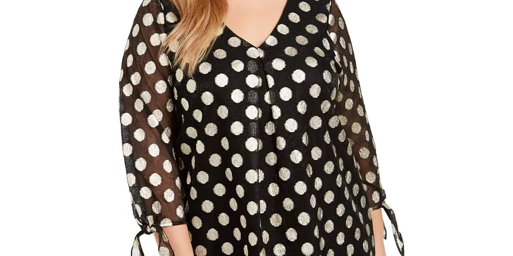 Blusa Alfani Feminina Plus com Bolinhas Metálicas e Manga Transparente em Lurex Dourado, Preto, Tamanho 0X
