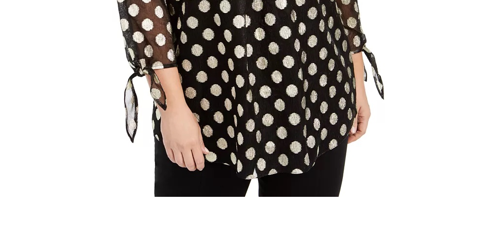 Blusa Alfani Feminina Plus com Bolinhas Metálicas e Manga Transparente em Lurex Dourado, Preto, Tamanho 0X