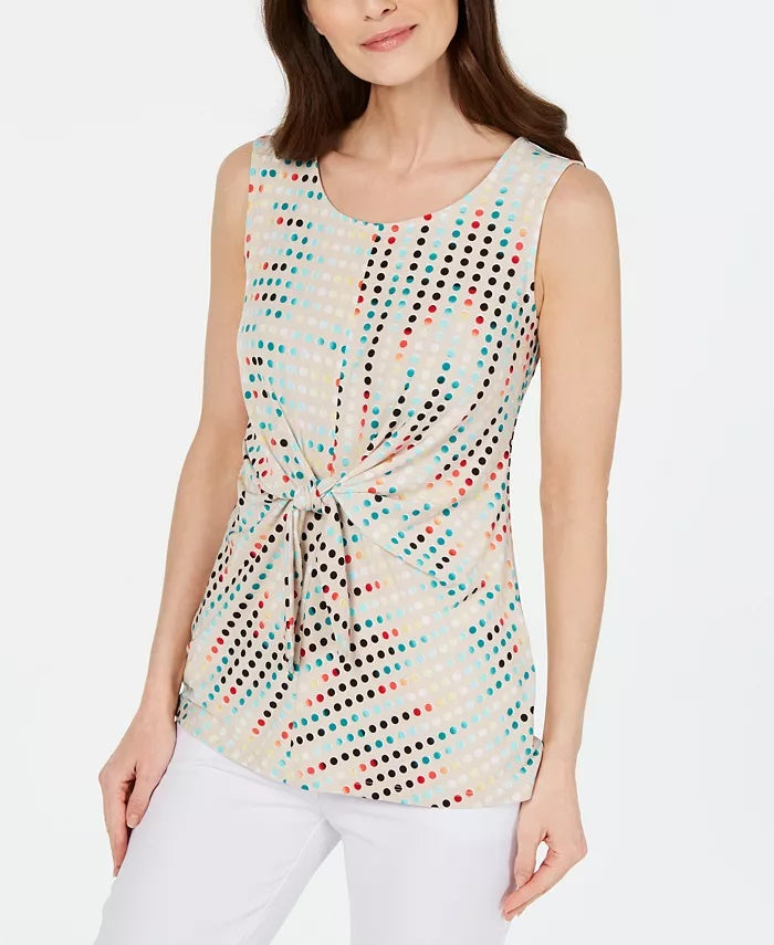 Blusa feminina Alfani estampada sem mangas com amarração frontal, bege-cáqui, tamanho grande