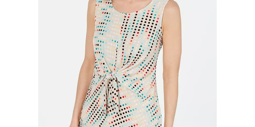 Blusa feminina Alfani estampada sem mangas com amarração frontal, bege-cáqui, tamanho grande