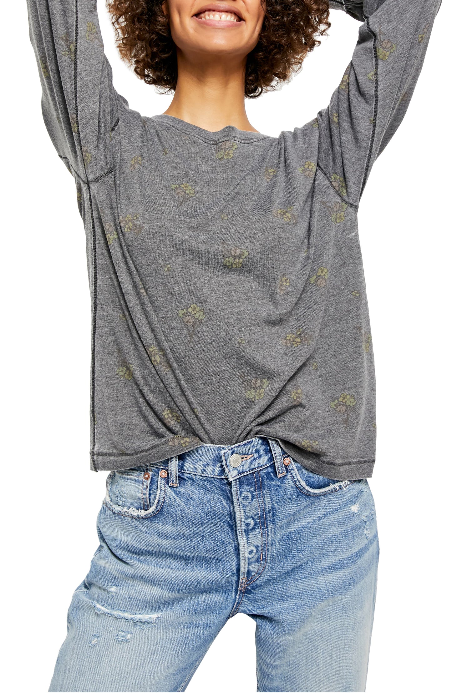 Camisetas femininas Free People Camo Arielle Manga Longa Cinza Tamanho Médio