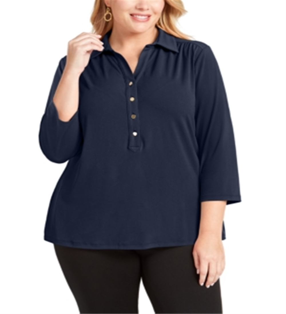 Camisa polo feminina Charter Club Plus manga 3/4 azul tamanho 3X