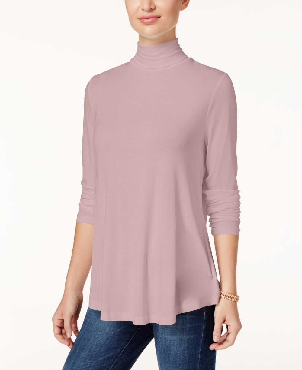 JM Collection Blusa feminina rosa lisa manga comprida gola alta tamanho grande