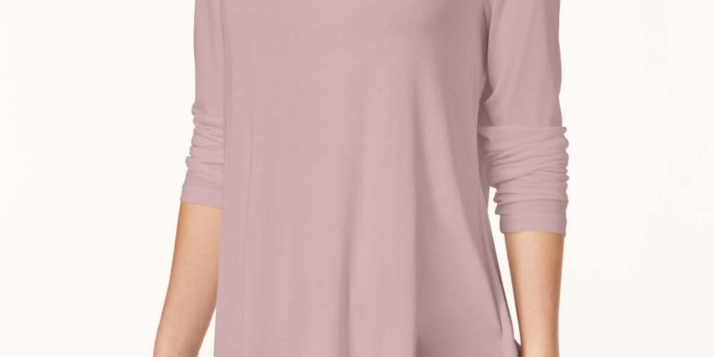 JM Collection Blusa feminina rosa lisa manga comprida gola alta tamanho grande