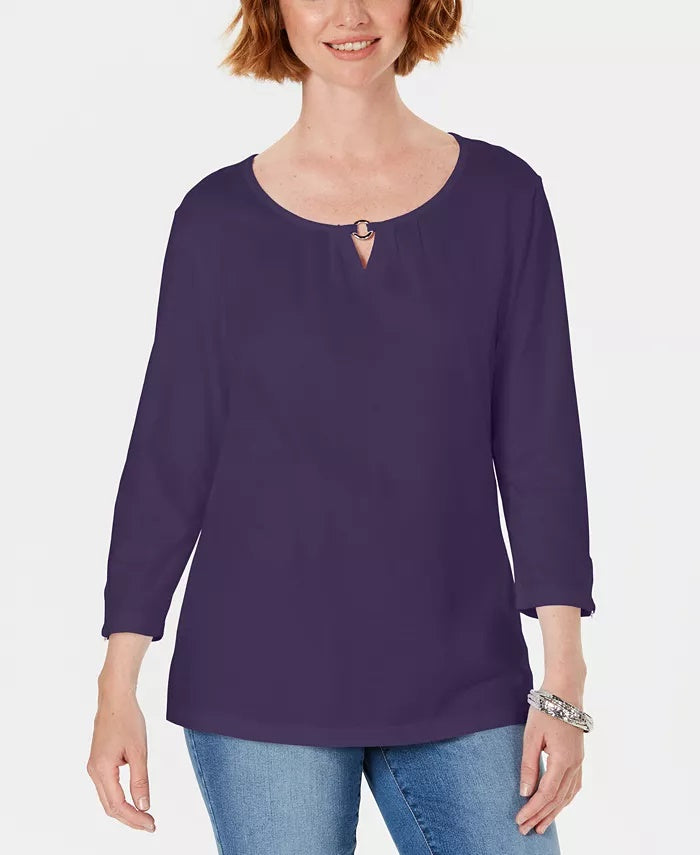 Blusa feminina Karen Scott com manga três quartos, azul, tamanho XX-G