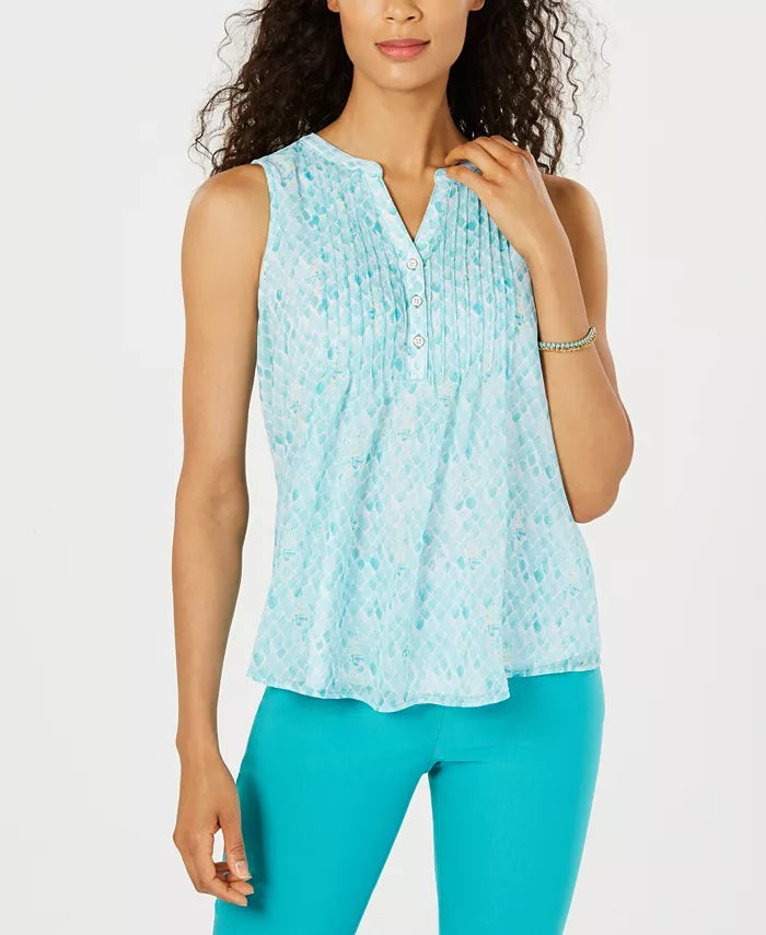 Charter Club feminino, blusa franzida com estampa de cavalo-marinho, tamanho PL, azul
