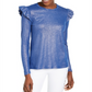 Blusa feminina Michael Kors com babados metálicos, manga comprida, gola joia, azul, tamanho extrapequeno
