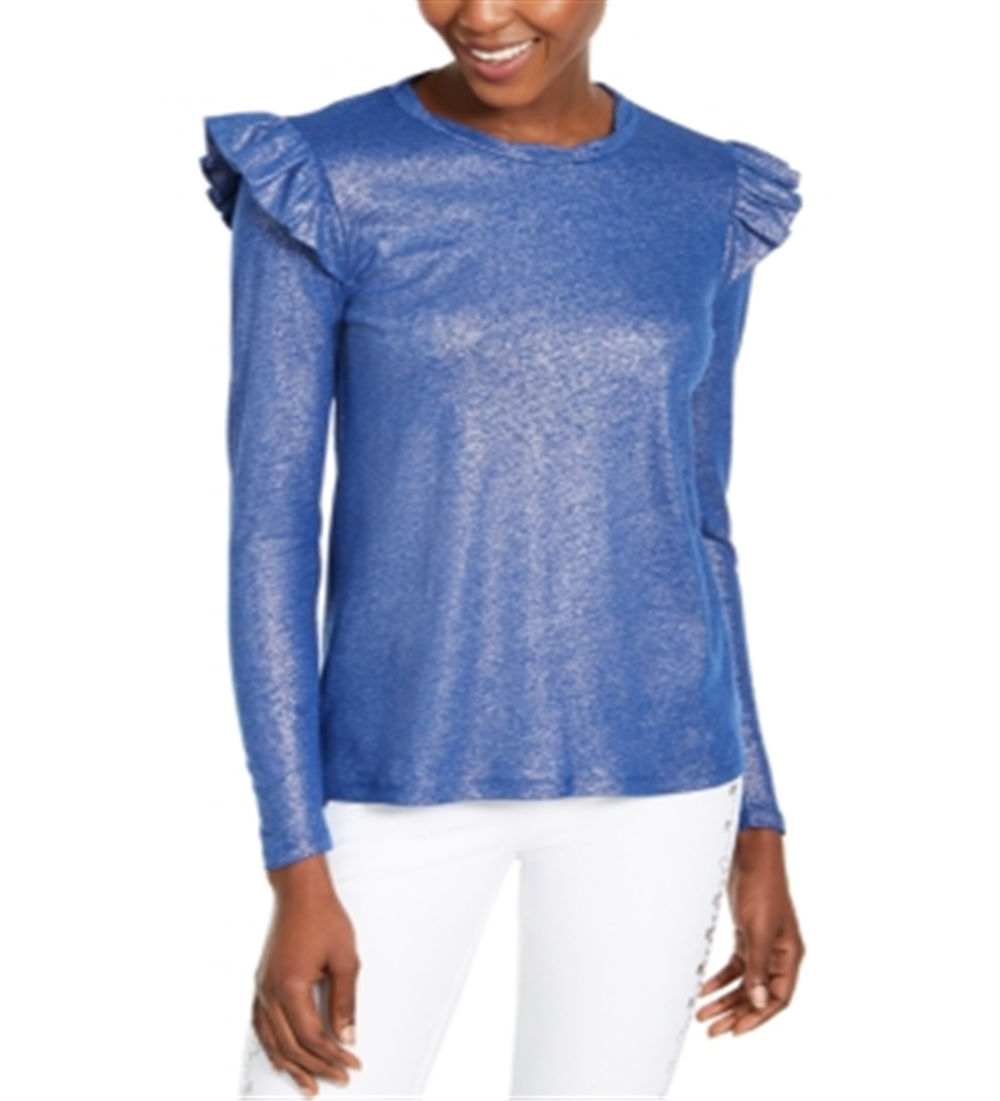 Blusa feminina Michael Kors com babados metálicos, manga comprida, gola joia, azul, tamanho extrapequeno