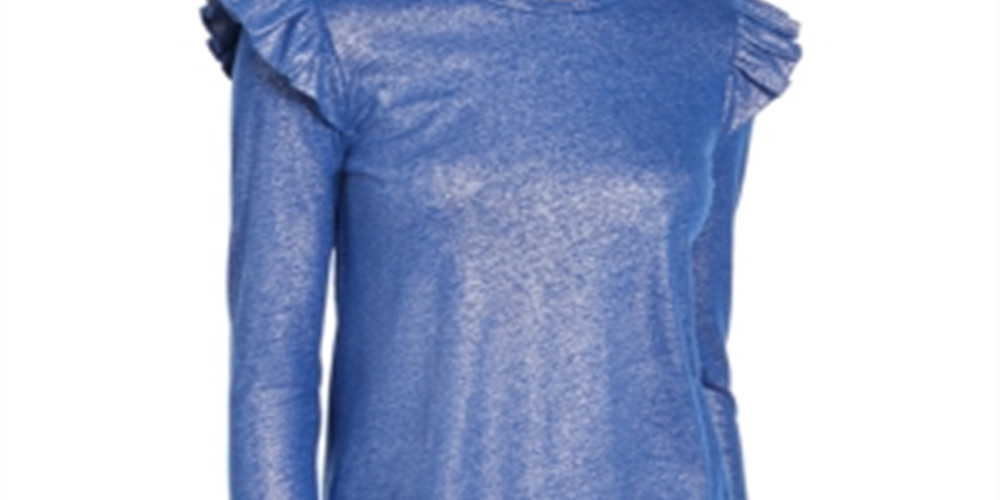 Blusa feminina Michael Kors com babados metálicos, manga comprida, gola joia, azul, tamanho extrapequeno