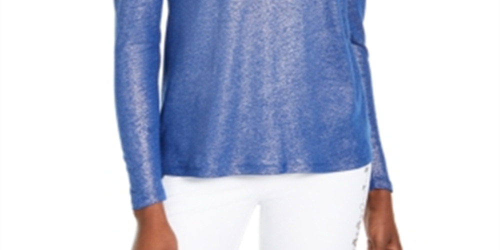 Blusa feminina Michael Kors com babados metálicos, manga comprida, gola joia, azul, tamanho extrapequeno