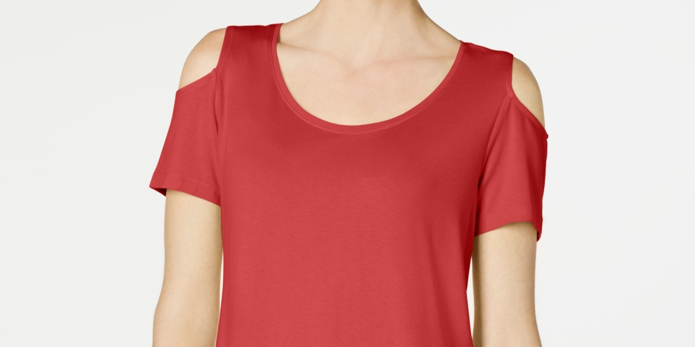 Camiseta feminina JM Collection com ombros descobertos e manga curta, vermelha, tamanho médio