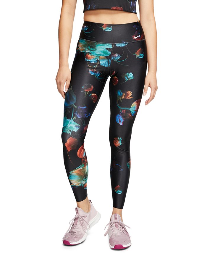 Calça de treino Nike Power Dri Fit Floral Print Cintura alta, azul, tamanho XS