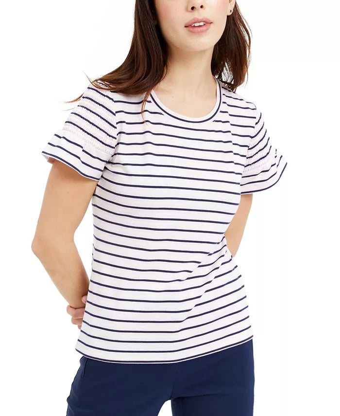 Camiseta feminina Maison Jules com listras rosa, manga curta e decote redondo, tamanho XX-G