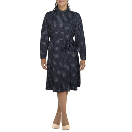 Vestido camisa de bolinhas com amarração frontal Ralph Lauren feminino, azul-marinho, tamanho 16