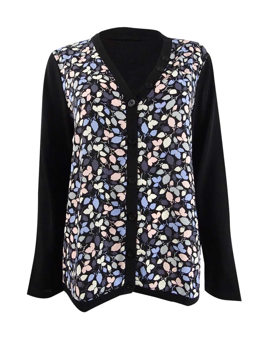 Anne Klein Cardigan Feminino Estampado Floral Tamanho Grande Cinza Escuro
