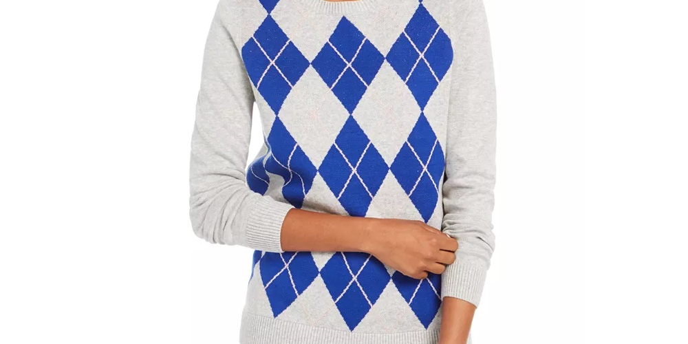 Suéter feminino Charter Club Argyle com gola redonda, cinza, tamanho XX-G