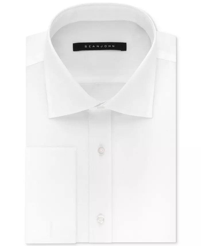 Camisa social masculina Sean John Classic/Regular Fit, branca, lisa, com punho francês, de algodão, tamanho 17-36/37