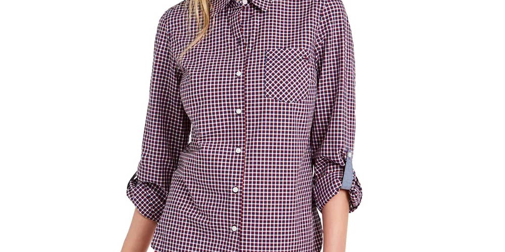 Camisa feminina Tommy Hilfiger com estampa xadrez e botões, vermelha, tamanho XS