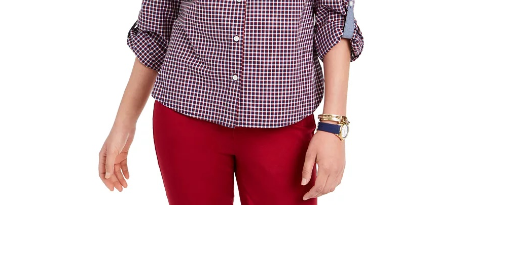 Camisa feminina Tommy Hilfiger com estampa xadrez e botões, vermelha, tamanho XS