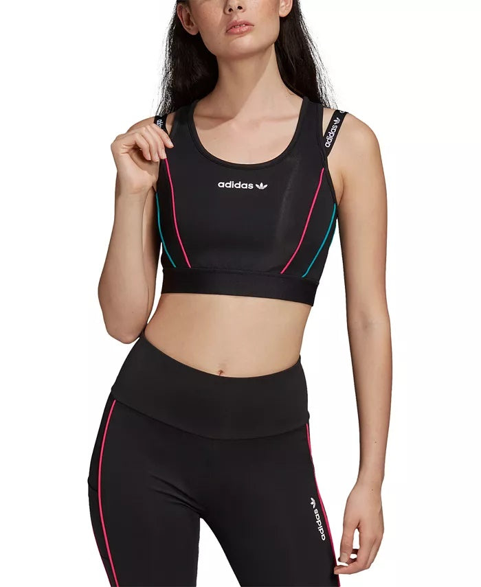 Blusa curta feminina estilo nadador, com efeito em camadas, da Adidas Originals, preta, tamanho médio