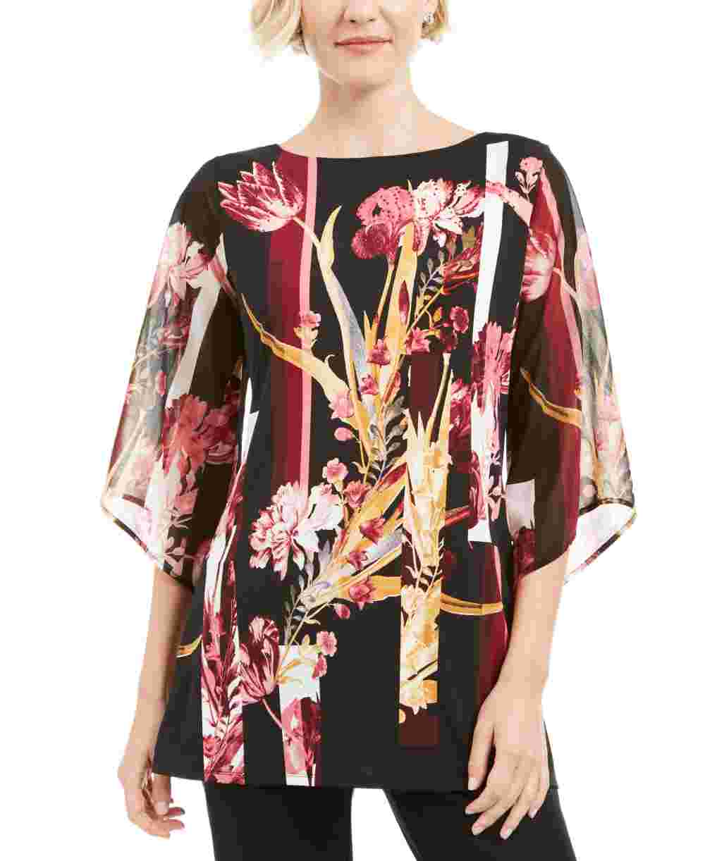 JM Collection Blusa túnica feminina estampada com manga de chiffon, preta, tamanho médio