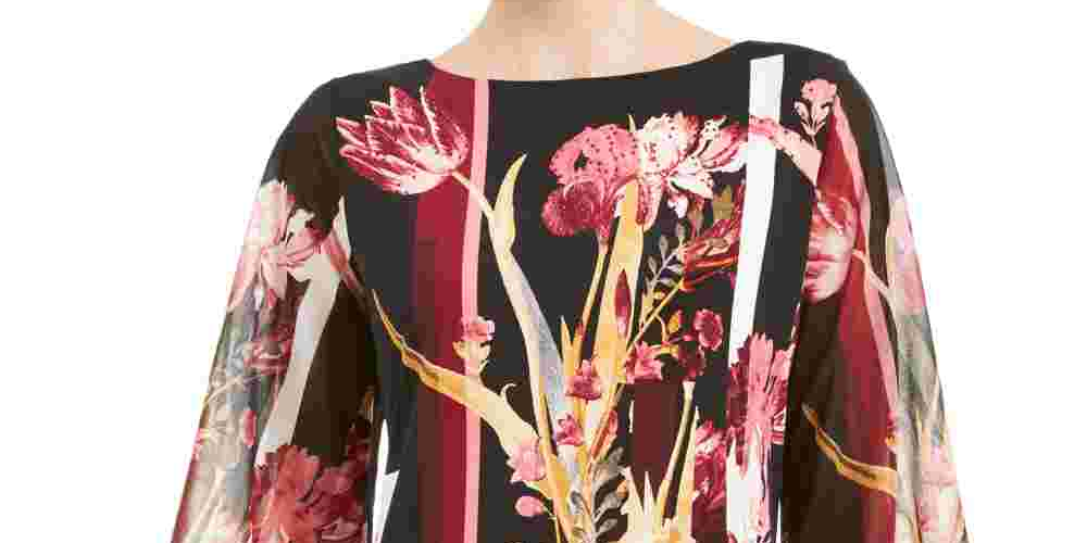 JM Collection Blusa túnica feminina estampada com manga de chiffon, preta, tamanho médio