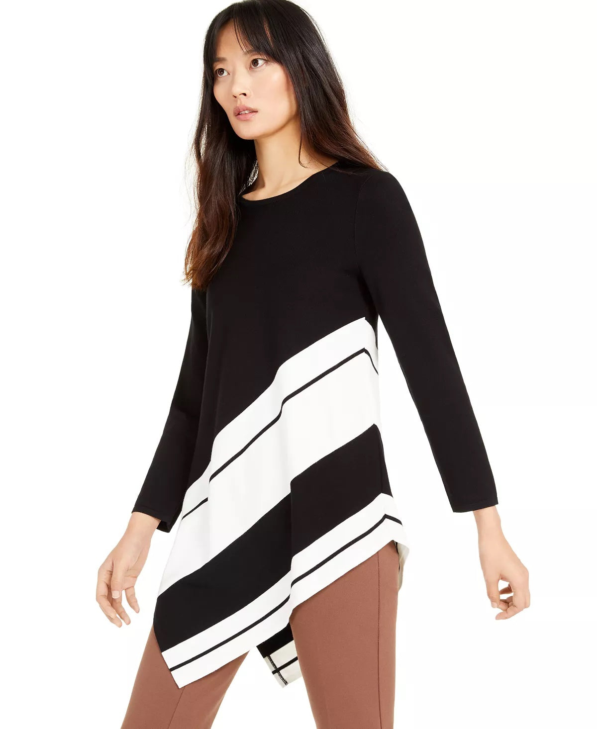 Alfani Suéter túnica assimétrico canelado feminino, preto, tamanho grande