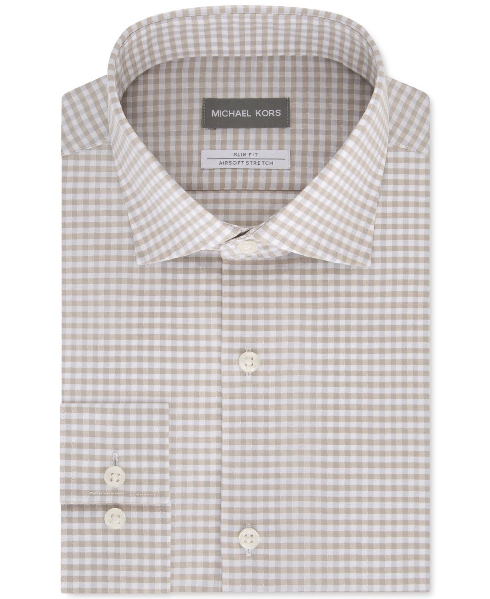Camisa social masculina Michael Kors Slim-Fit sem passar a ferro Airsoft Performance Stretch Check, bege, tamanho 15,5 x 34-35
