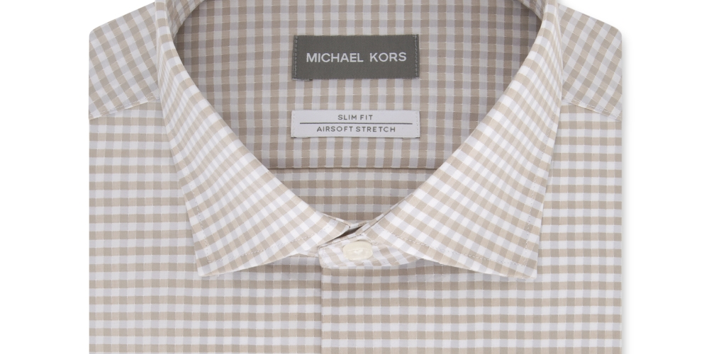 Camisa social masculina Michael Kors Slim-Fit sem passar a ferro Airsoft Performance Stretch Check, bege, tamanho 15,5 x 34-35