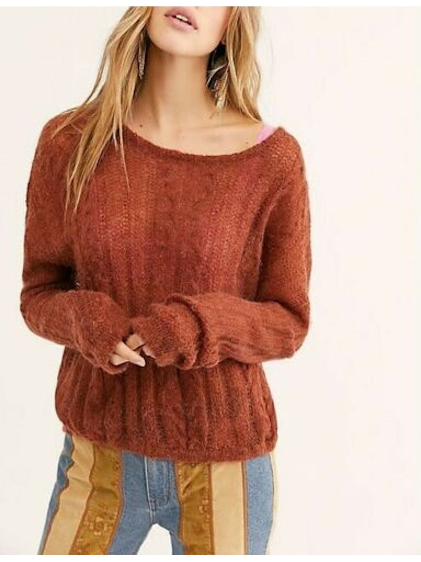 Blusa feminina de manga comprida e decote redondo Free People, marrom, tamanho pequeno